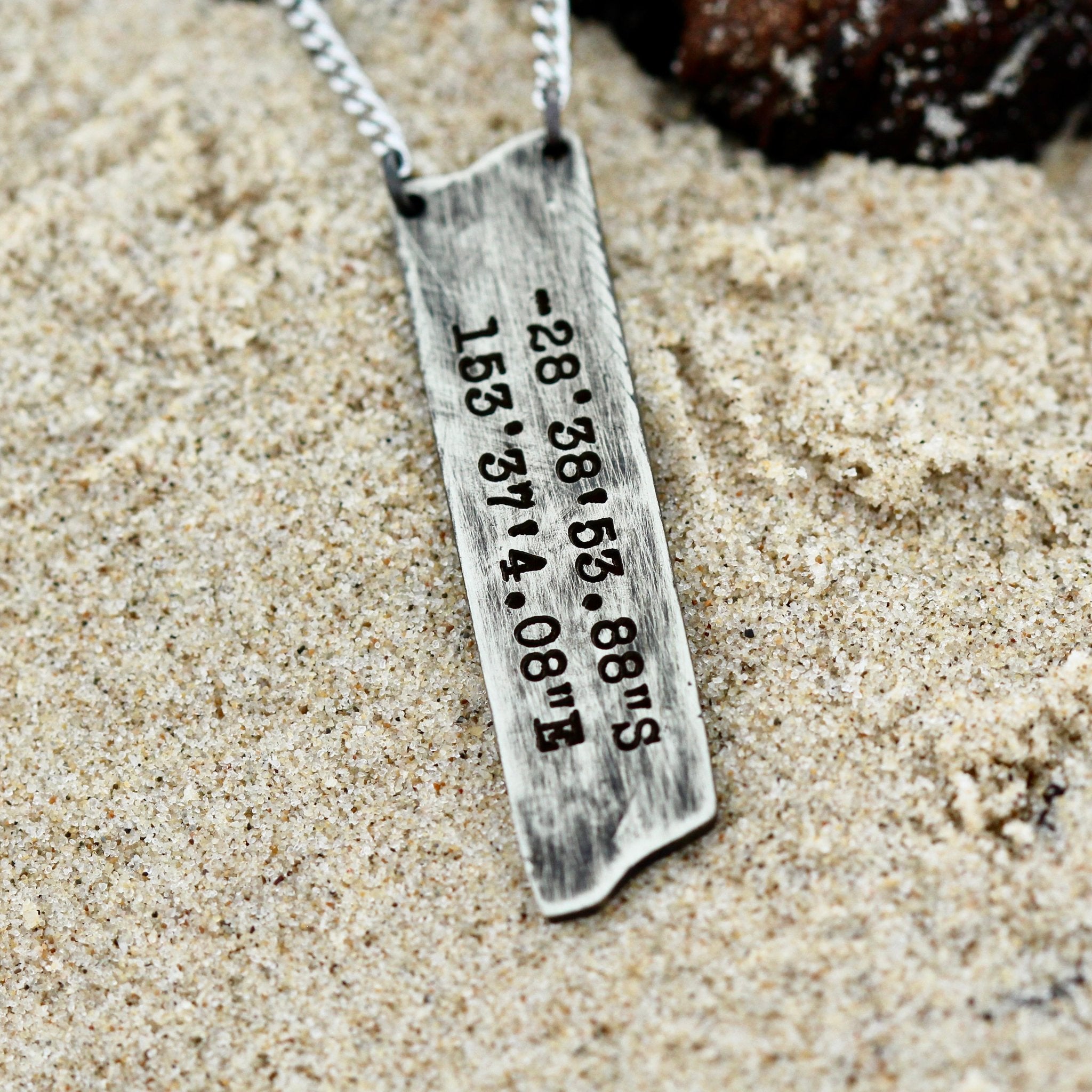 and-stamped location coordinates pendant necklace