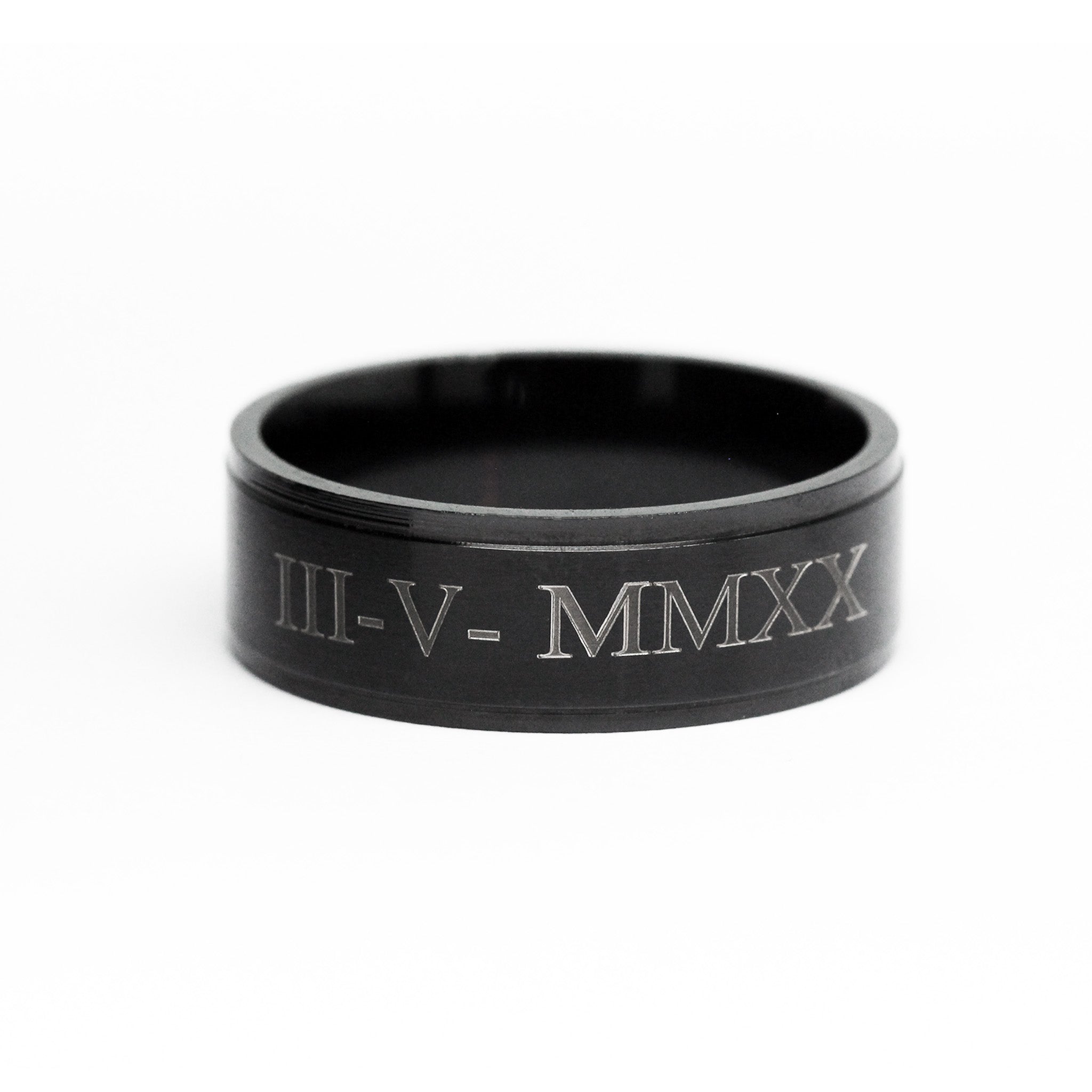 black mens wedding band engraved Roman Numerals