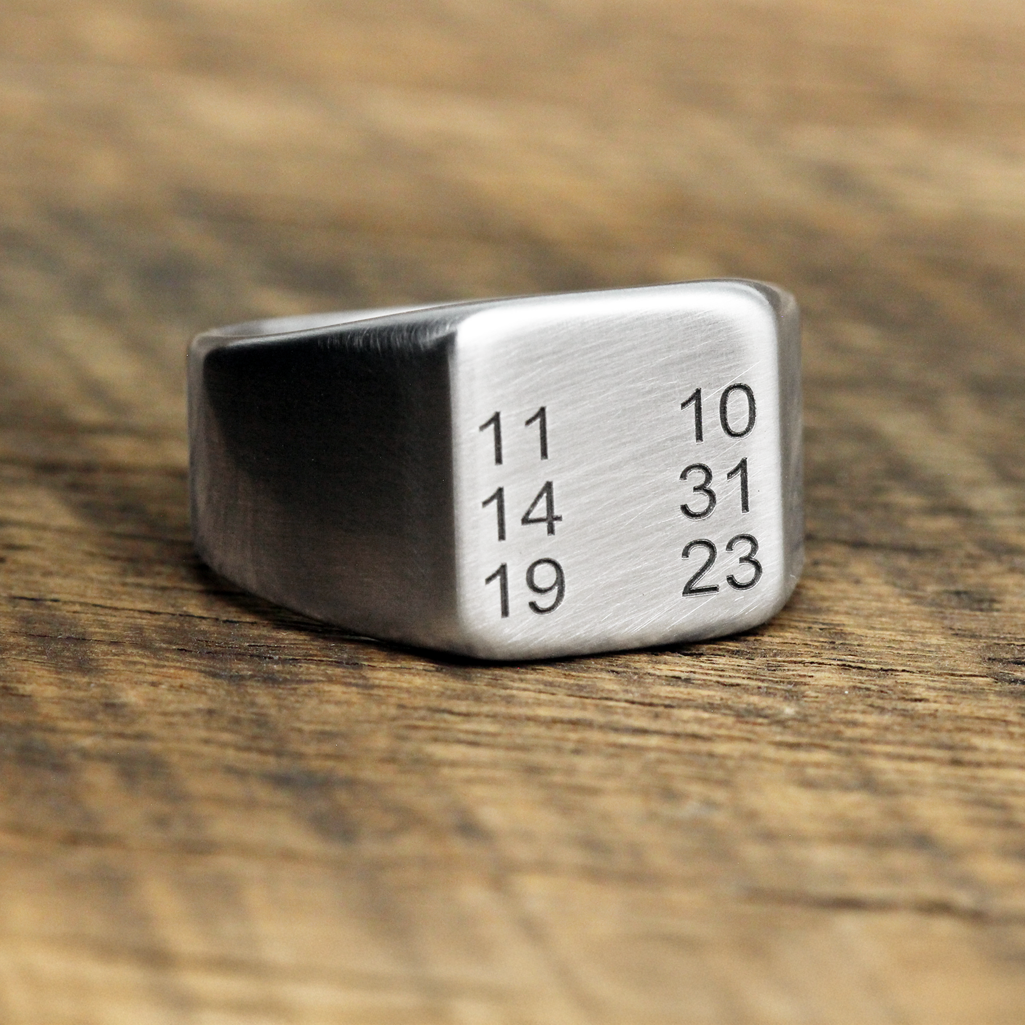 date engraved mens silver ring square