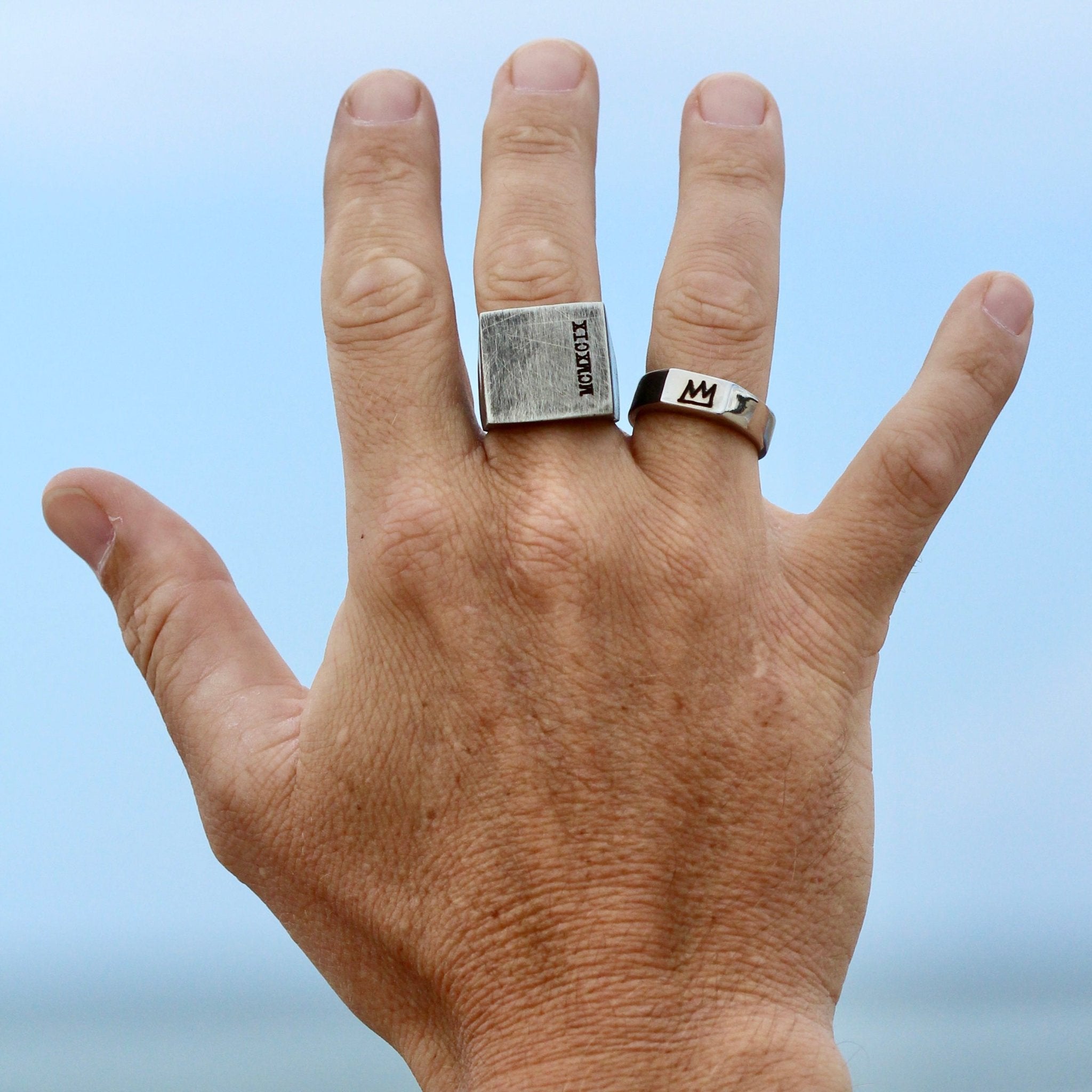 engraved square silver ring top view