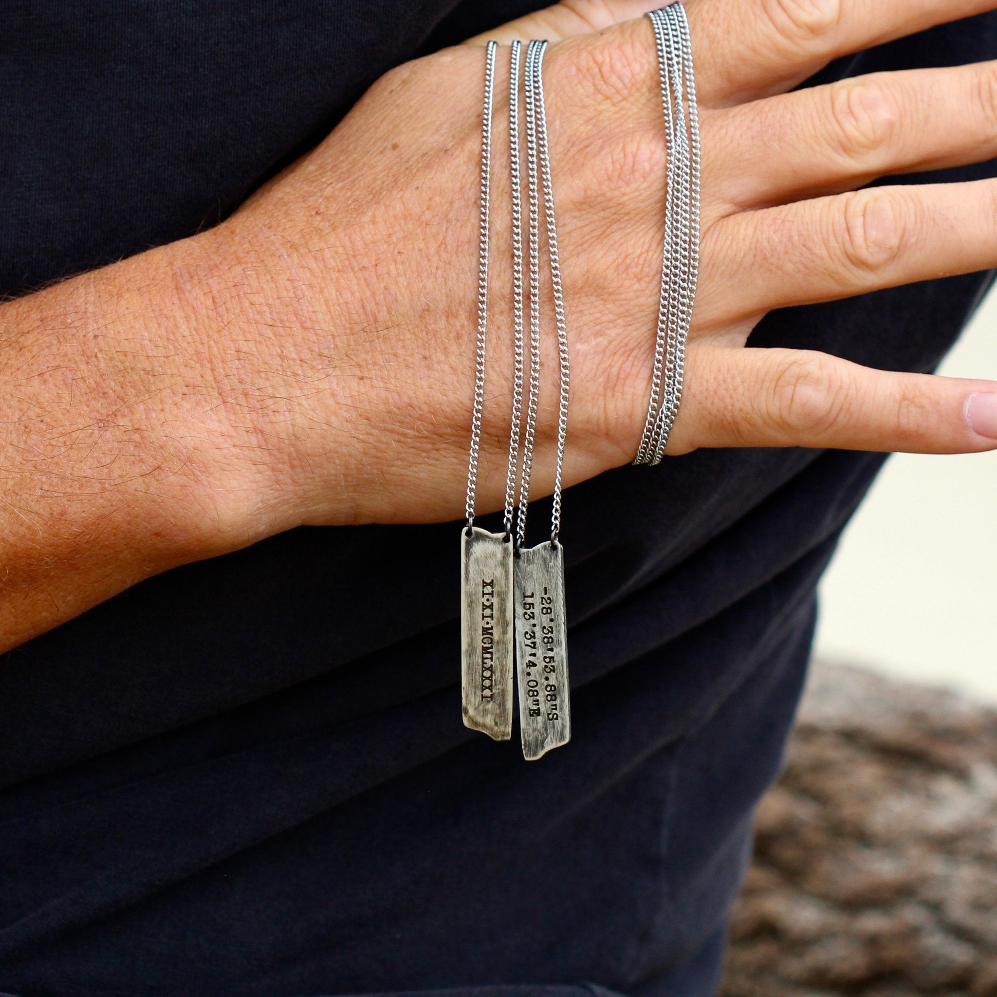 men's silver necklace with coordinates