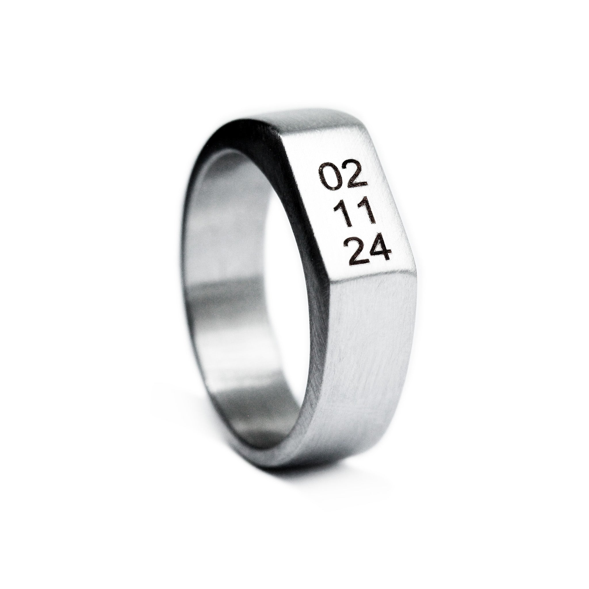 mens flat face engraved silver wedding band