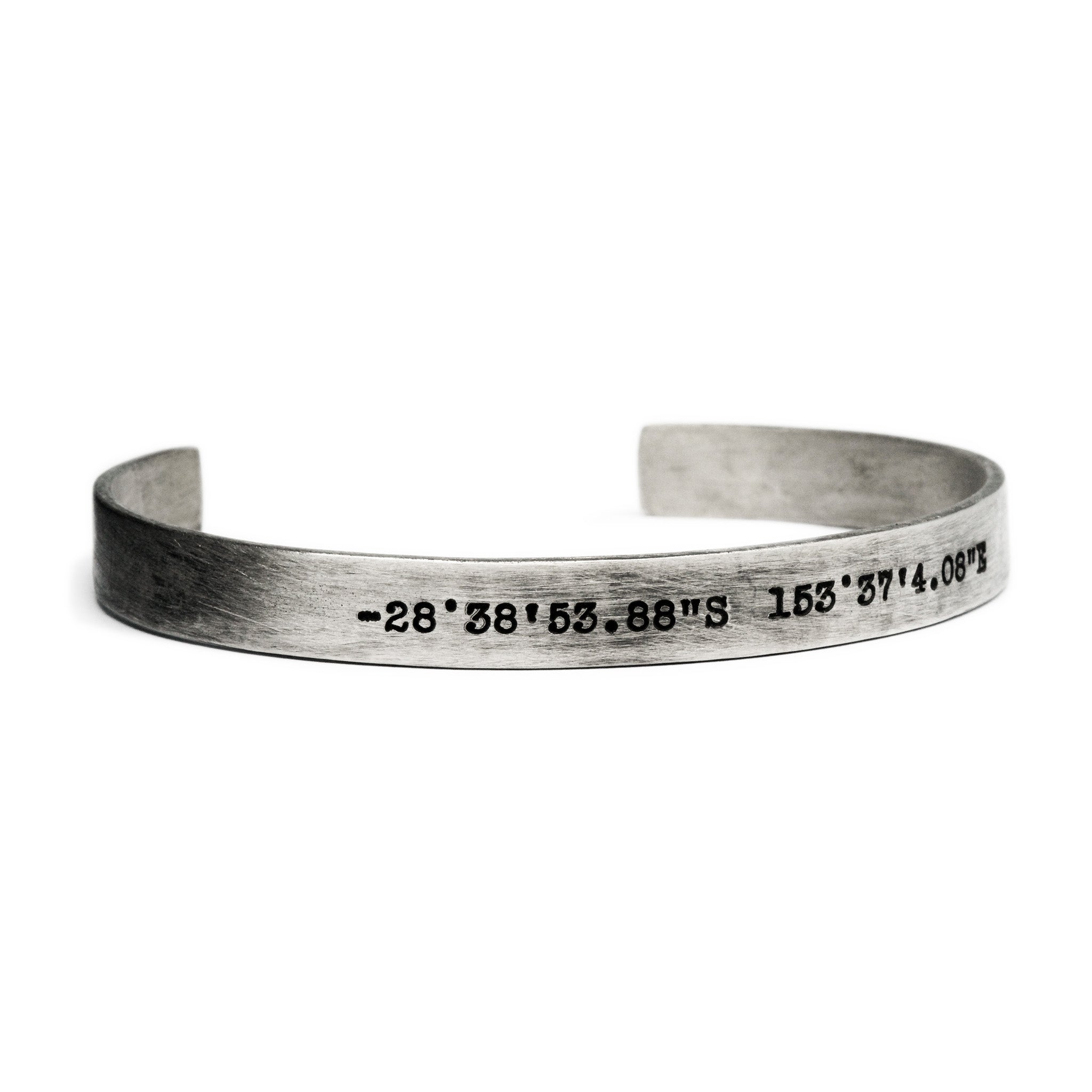 mens silver cuff bracelet engraved location