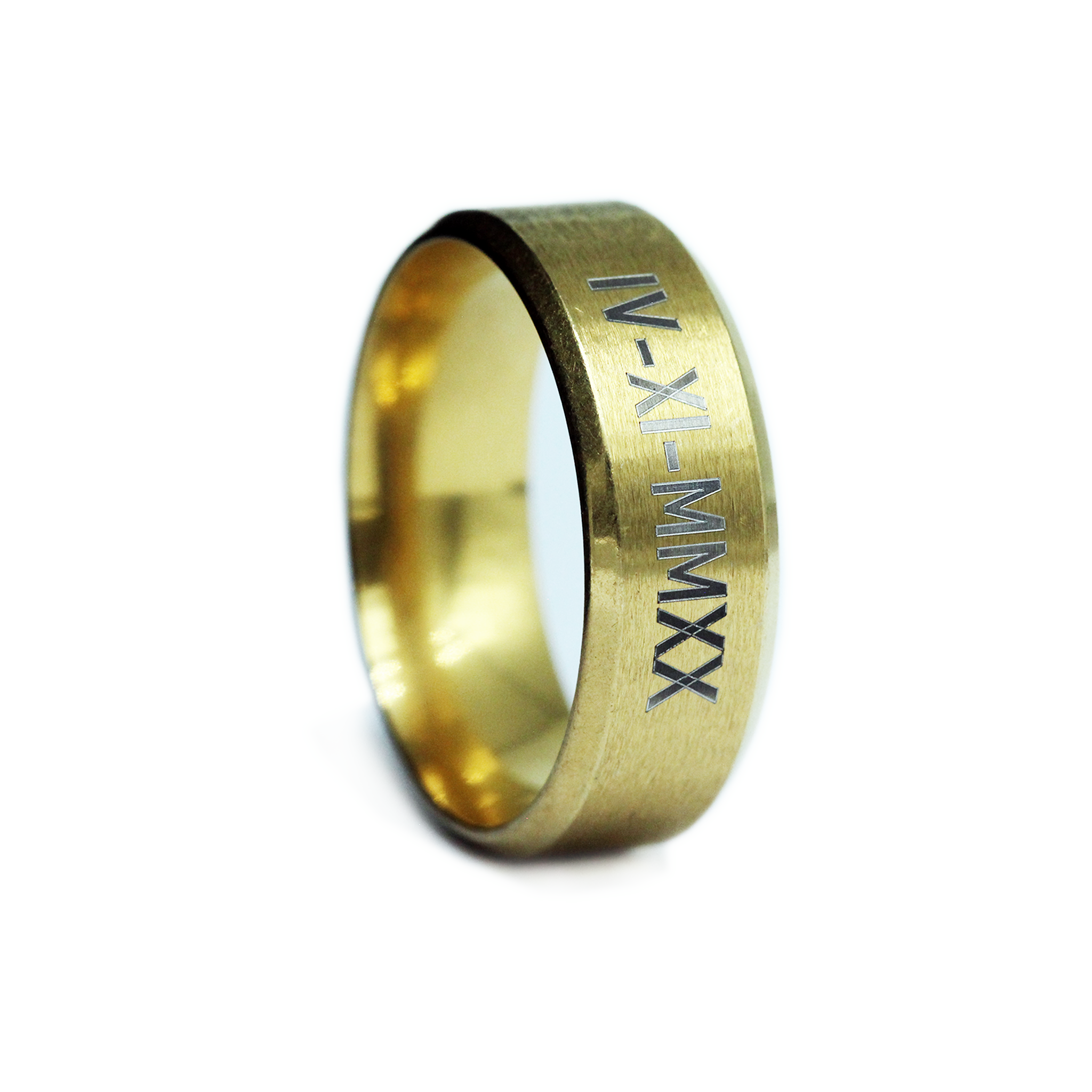 mens wedding band in brushed gold engraved