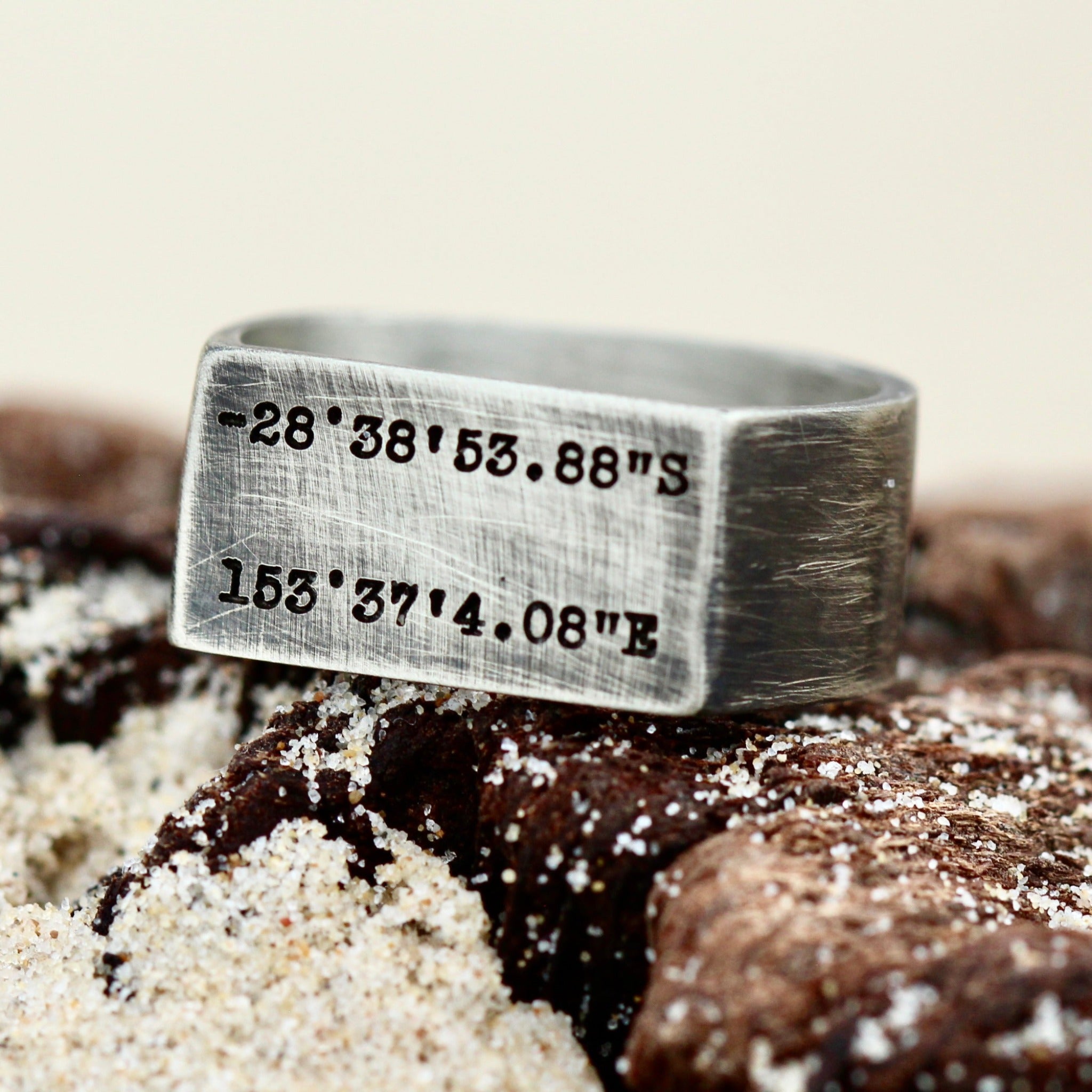 oxidized silver ring with coordinates location