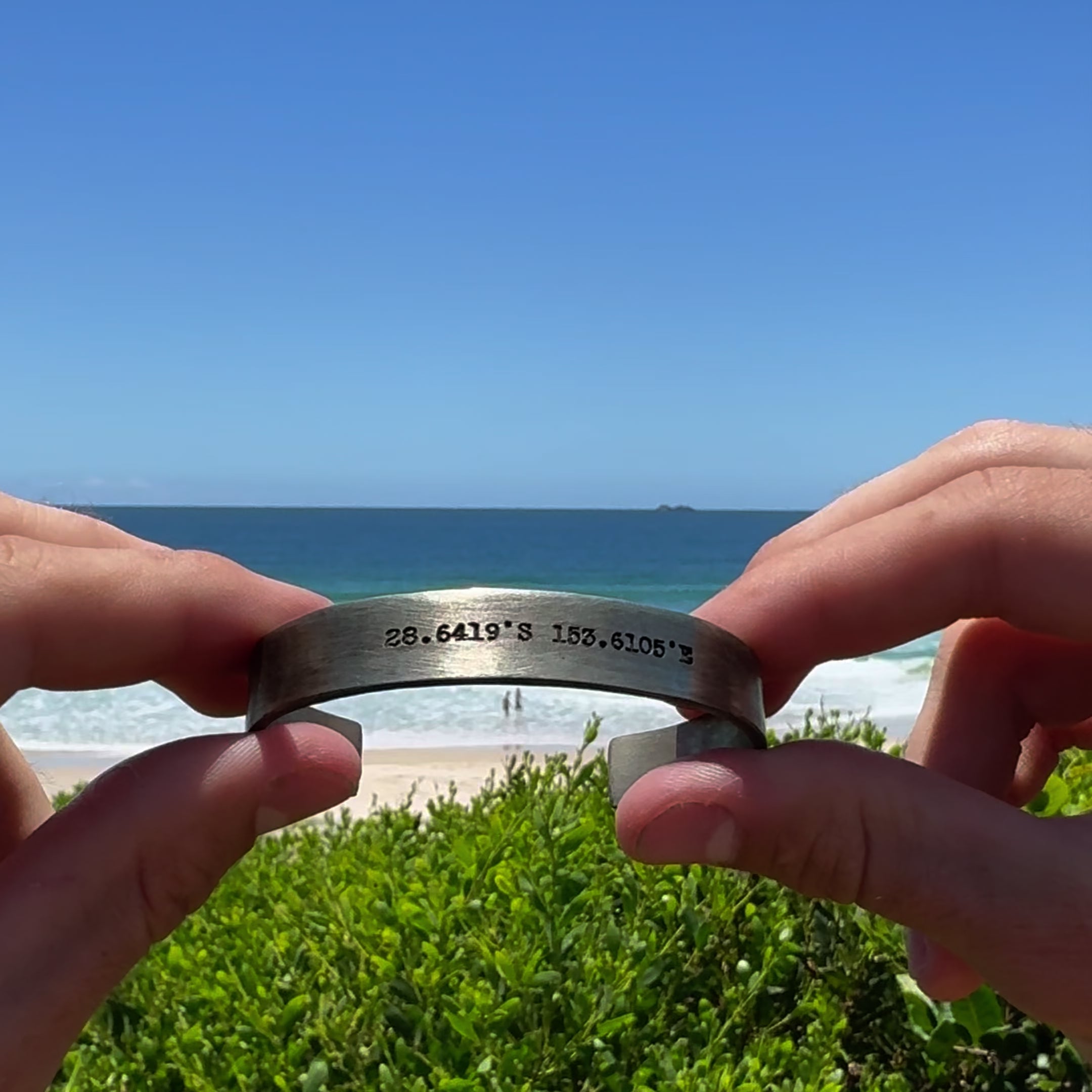 mens custom engraved location silver rustic cuff bracelet