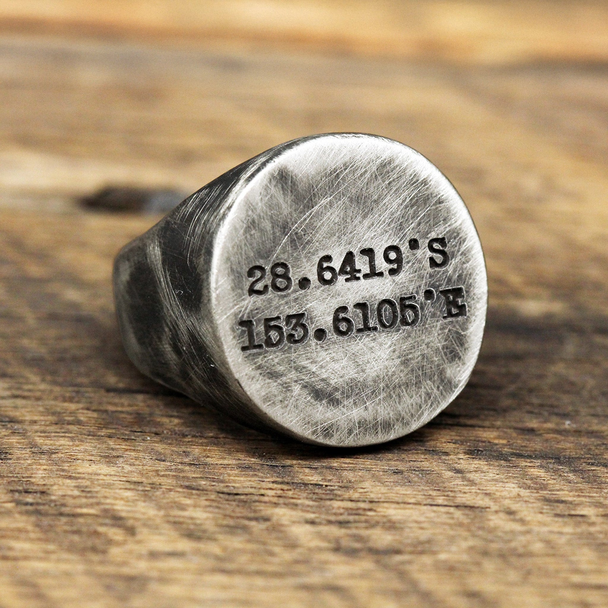 solid silver mens silver ring engraved location